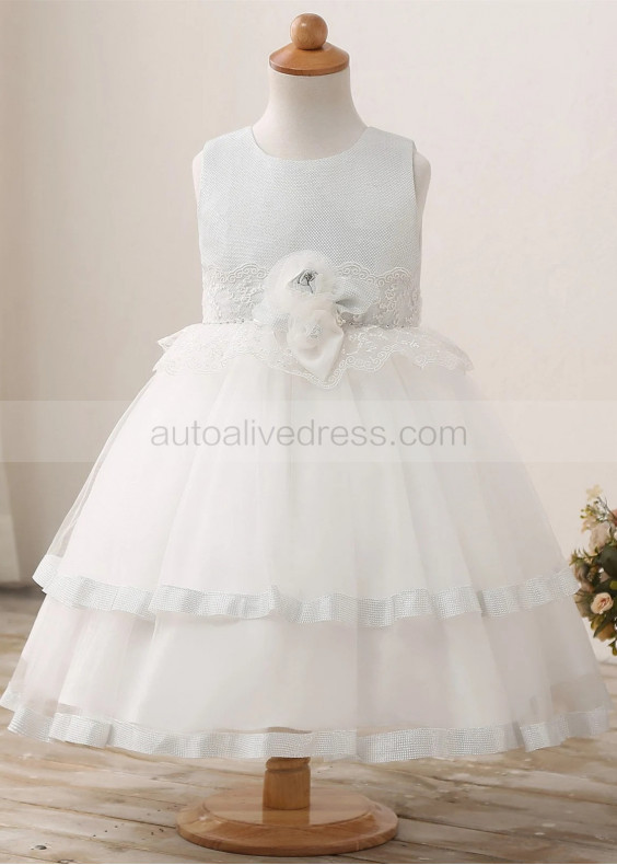 Silver Sparkly Lace Tulle Tiered Flower Girl Dress